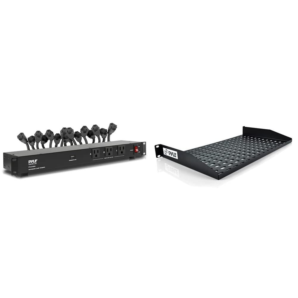 Pyle 19 Outlet 1U 19" Rackmount PDU Power Distribution Supply Center Conditioner Strip Unit Surge Protector (PCO860) Black and Pyle 19-Inch 1U Server, Vented Shelves for Good Air Circulation Cantilever Wall Rack, Universal Device, Cabinet Shelf, Comp