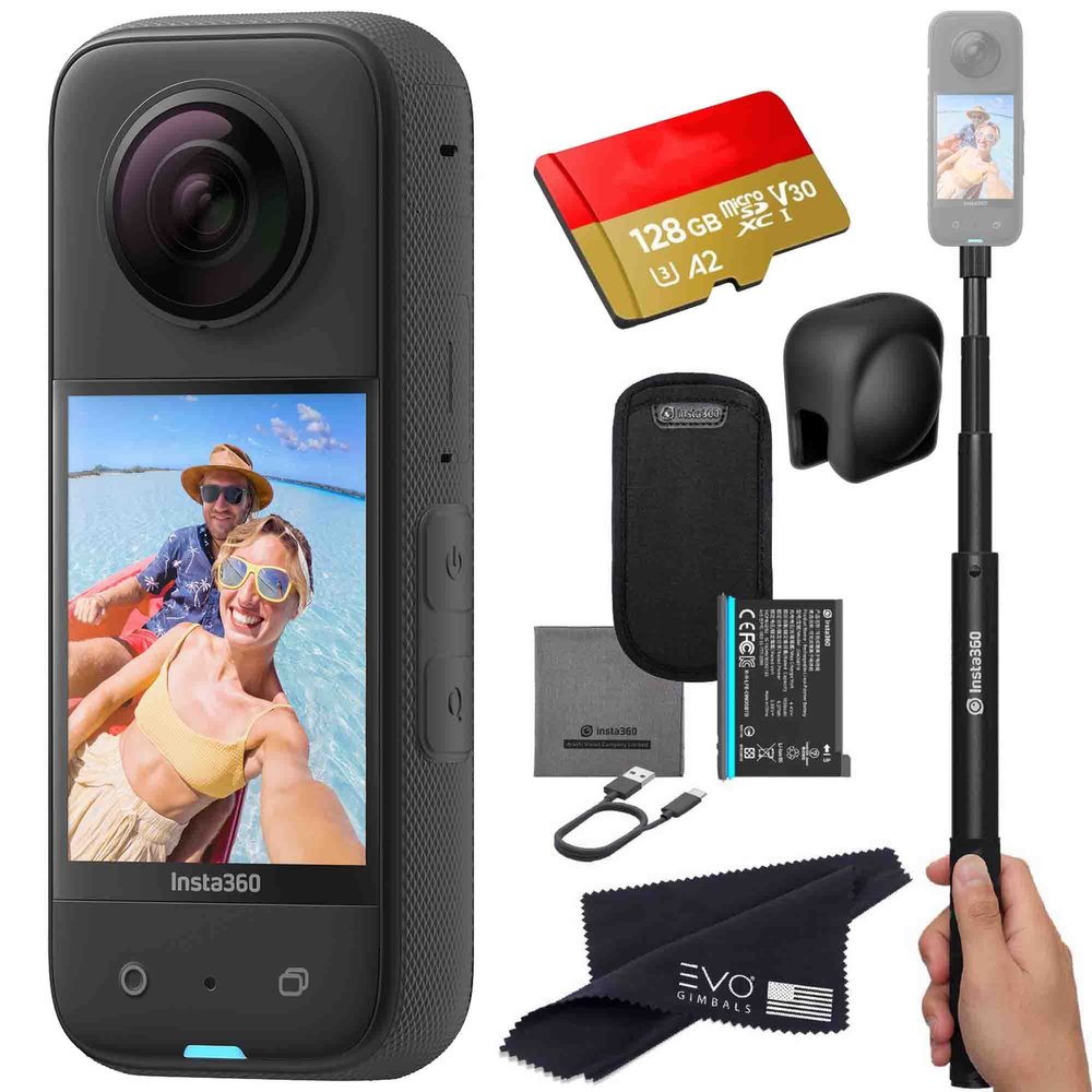 Insta360 X3 - Waterproof 360 Action Camera with 1/2" 48MP Sensors, 5.7K 360 HDR Video, 72MP 360 Photo, 4K Single-Lens, 2.29" Touchscreen, AI Editing |Bundle Includes Selfie Stick,Lens Cap&128GB