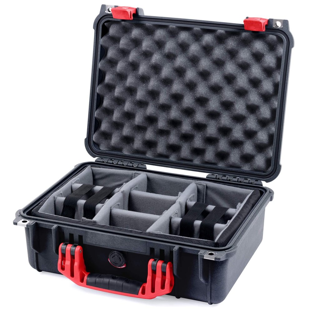 Black Pelican 1450 case with red Handle and latches. Comes with Grey dividers.