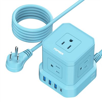 Power Strip with USB-C (3.0A), TOPREK Surge Protector (700J), TOPREK 10 FT Extension Cord with Flat Plug, 5 AC Outlets 4 USB, Desk Charging Station for Living Room, Nightstand, Office, Travel