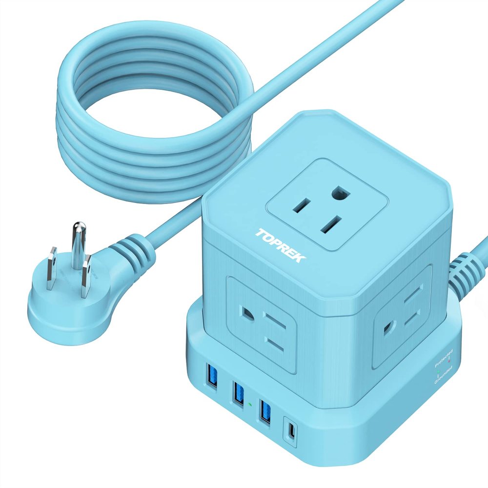 Power Strip with USB-C (3.0A), TOPREK Surge Protector (700J), TOPREK 10 FT Extension Cord with Flat Plug, 5 AC Outlets 4 USB, Desk Charging Station for Living Room, Nightstand, Office, Travel