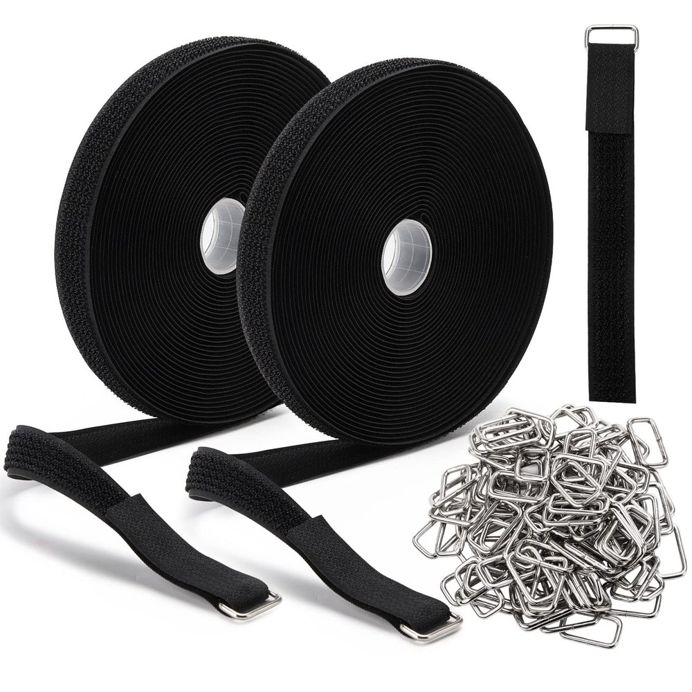65 Ft x 3/4 Inch Hook and Loop Straps with 100 Metal Buckles, Nylon Fastening Cable Ties Adjustable Cinch Strap, Cut-to-Length, Black