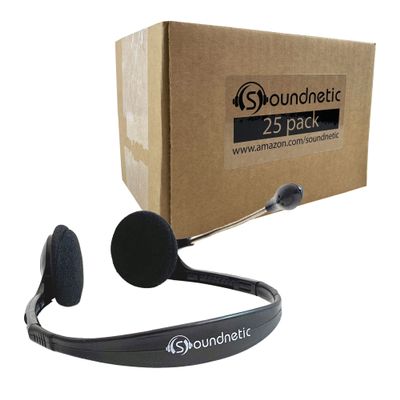 Soundnetic Bulk Classroom Headphones 25 Pack Disposable Stereo Headsets with Boom Mic Ideal for Schools & Testing