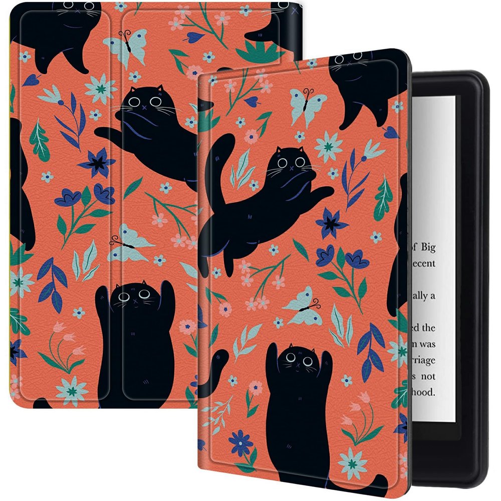 Black Cat Flowers Case 6" All-New Kindle (11th Generation-2024/2022 Release), Shockproof PU Leather Folding Stand Slim Case with Auto Sleep/Wake for Kindle 11th 2022