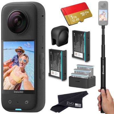 Insta360 X3 Battery Bundle - Waterproof 360 Action Camera Bundle Includes Extra 2 Batteries, Charger, Invisible Selfie Stick, Lens Cap & 1TB Memory Card