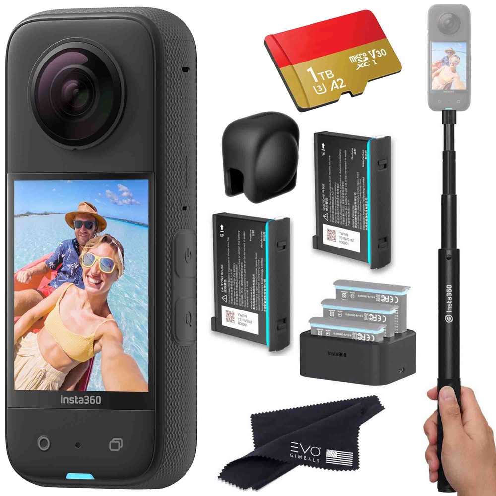 Insta360 X3 Battery Bundle - Waterproof 360 Action Camera Bundle Includes Extra 2 Batteries, Charger, Invisible Selfie Stick, Lens Cap & 1TB Memory Card
