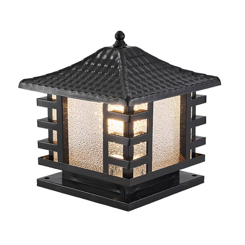 CHENKUI Galvanized Sheet Glass LampShade Courtyard Style Post Light Outdoor Villa LED Square Column Headlight Chinese Style Waterproof High Brightness Post Lights for Deck Garden Patio Landscape