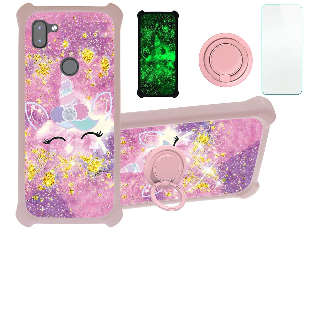 Orbic Q10 Fun+ Plus Case with Screen Protector - Gold Glitter & Luminous, Hard PC & Soft Silicone, Finger Ring Support