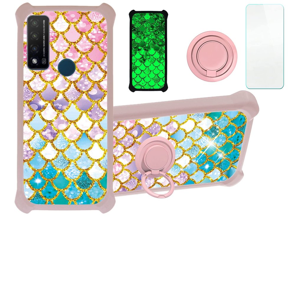jioeuinly Case for TCL 4X 5g Case Compatible with TCL 4X 5g T601dl Phone Case Cover [with Tempered Glass Screen Protector][Hard PC + Soft Silicone][Gold Glitter+Luminous] JSF-YL