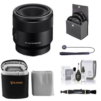 Sony FE 50mm f/2.8 Macro Lens for Sony E, Bundle with 55mm Filter Kit, Lens Case, Lens Cleaner, Cleaning Kit, Lens Cap Tether