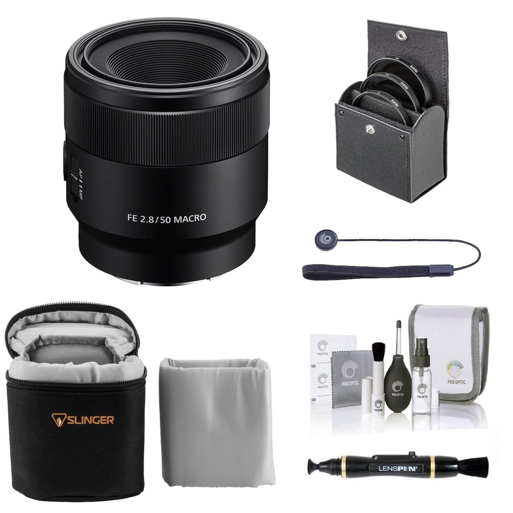 Sony FE 50mm f/2.8 Macro Lens for Sony E, Bundle with 55mm Filter Kit, Lens Case, Lens Cleaner, Cleaning Kit, Lens Cap Tether