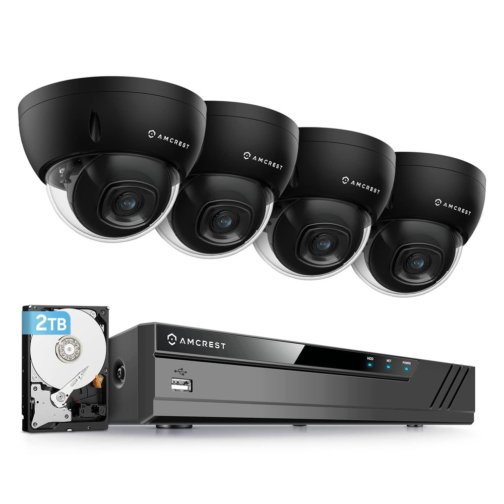 Amcrest 5MP Security Camera System, 4K 8CH PoE NVR, (4) x 5-Megapixel 2.8mm Wide Lens Weatherproof Metal Vandal Dome PoE IP Cameras, Pre-Installed 2TB Hard Drive, NV4108E-IP5M-D1188EB4-2TB (Black)