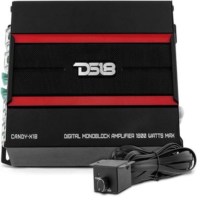 DS18 CANDY-X1B Car Amplifier Class D Monoblock 1800 Watts Max Digital 1/2/4 Ohms with Remote Subwoofer Level Controller - Compact Amplifier for Speakers in Car Audio System. AMPKIT4 Included