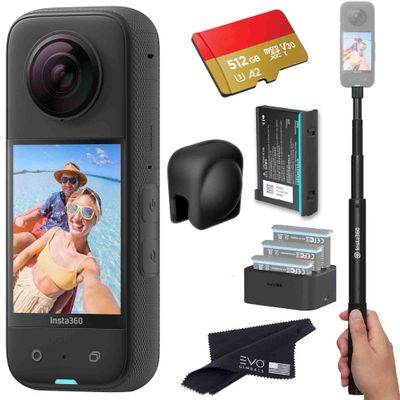 Insta360 X3 - Waterproof 360 Action Camera Bundle Includes Extra Battery, Charger, Invisible Selfie Stick, Lens Cap& 512GB Memory Card