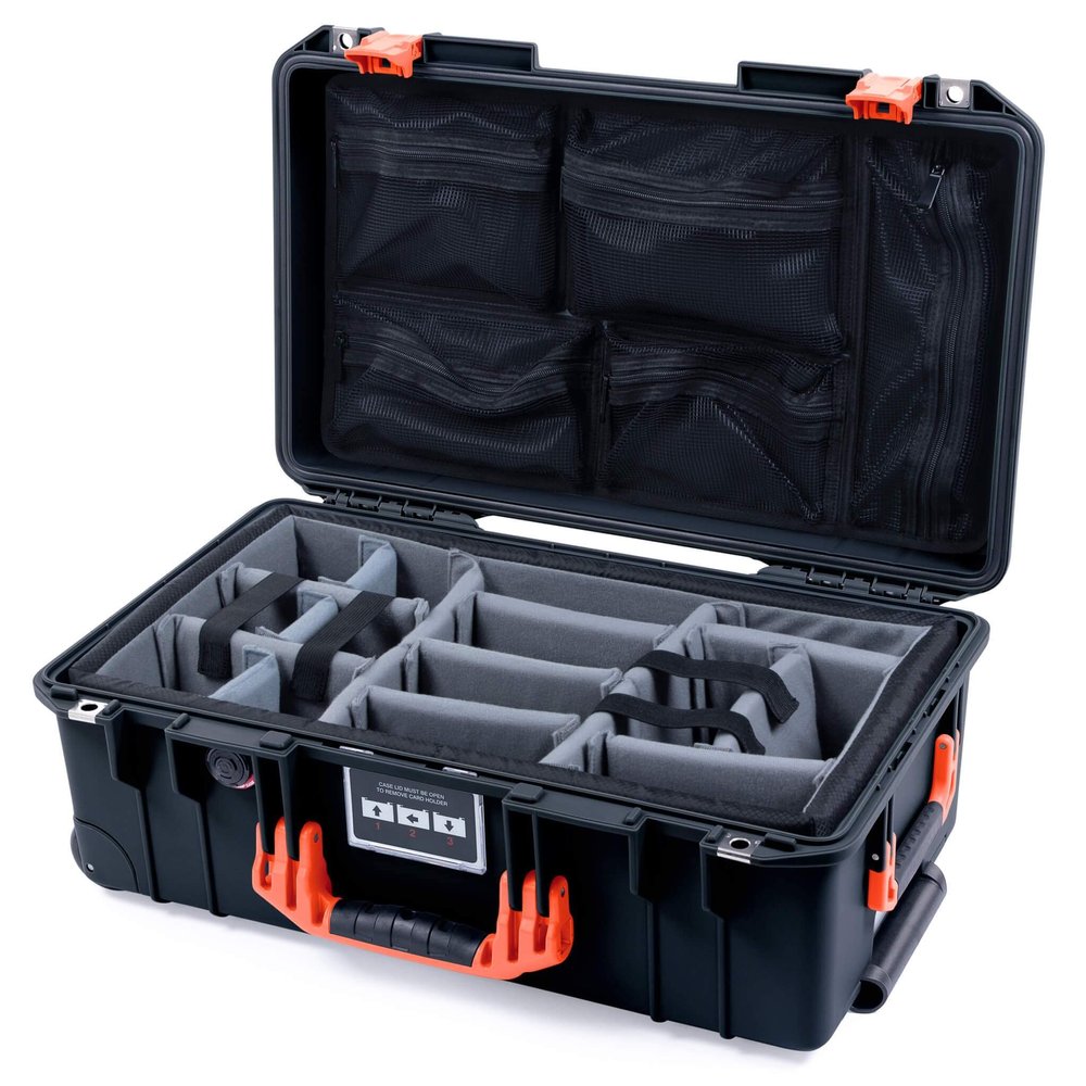 Pelican 1535 Black & Orange case. Comes with Grey dividers & mesh lid Organizer.