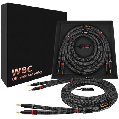 WORLDS BEST CABLES 8 Foot Ultimate - 7 AWG - Ultra-Pure OFC Extra Premium Audiophile HiFi Speaker Cable Pair with Eminence Gold Banana Plugs & Carbon Tweed Jacket