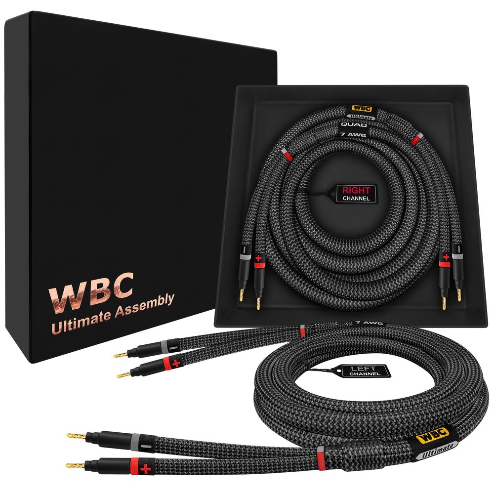 WORLDS BEST CABLES 25 Foot Ultimate - 7 AWG - Ultra-Pure OFC Extra Premium Audiophile HiFi Speaker Cable Pair with Eminence Gold Banana Plugs & Carbon Tweed Jacket