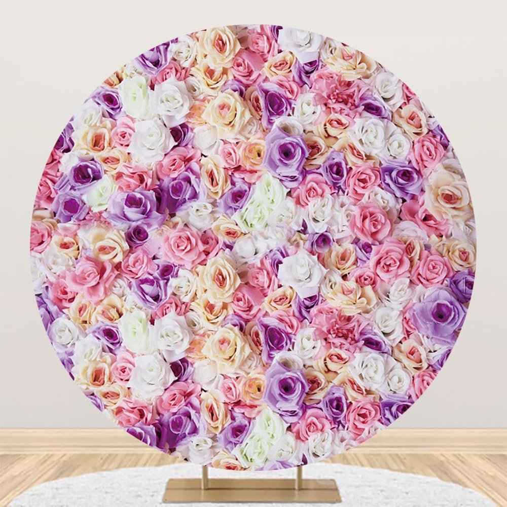 Renaiss 7.5x7.5ft Rose Flowers Round Backdrop Cover Pink Purple White Rose Wall Circle Photography Background Wedding Bridal Shower Baby Shower Girls Birthday Party Decor Floral Arch Photo Booth Props