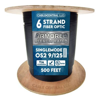 Cable Central LLC Armored Plenum 6 Strand Indoor/Outdoor Fiber Optic Distribution Cable, OS2 9/125 Singlemode, Corning Optical Fiber, Black, Spool, 500 Feet