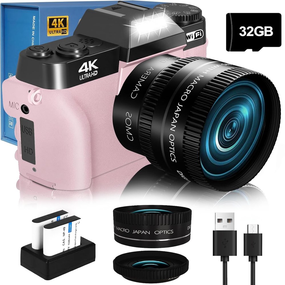 2024 Upgrade VJIANGER Digital Camera for Photography Vlogging Camera for YouTube with WiFi, 180 Flip Screen, 16X Digital Zoom, 52mm Lens, 2 Batteries, 32GB Micro SD Card(Pink)