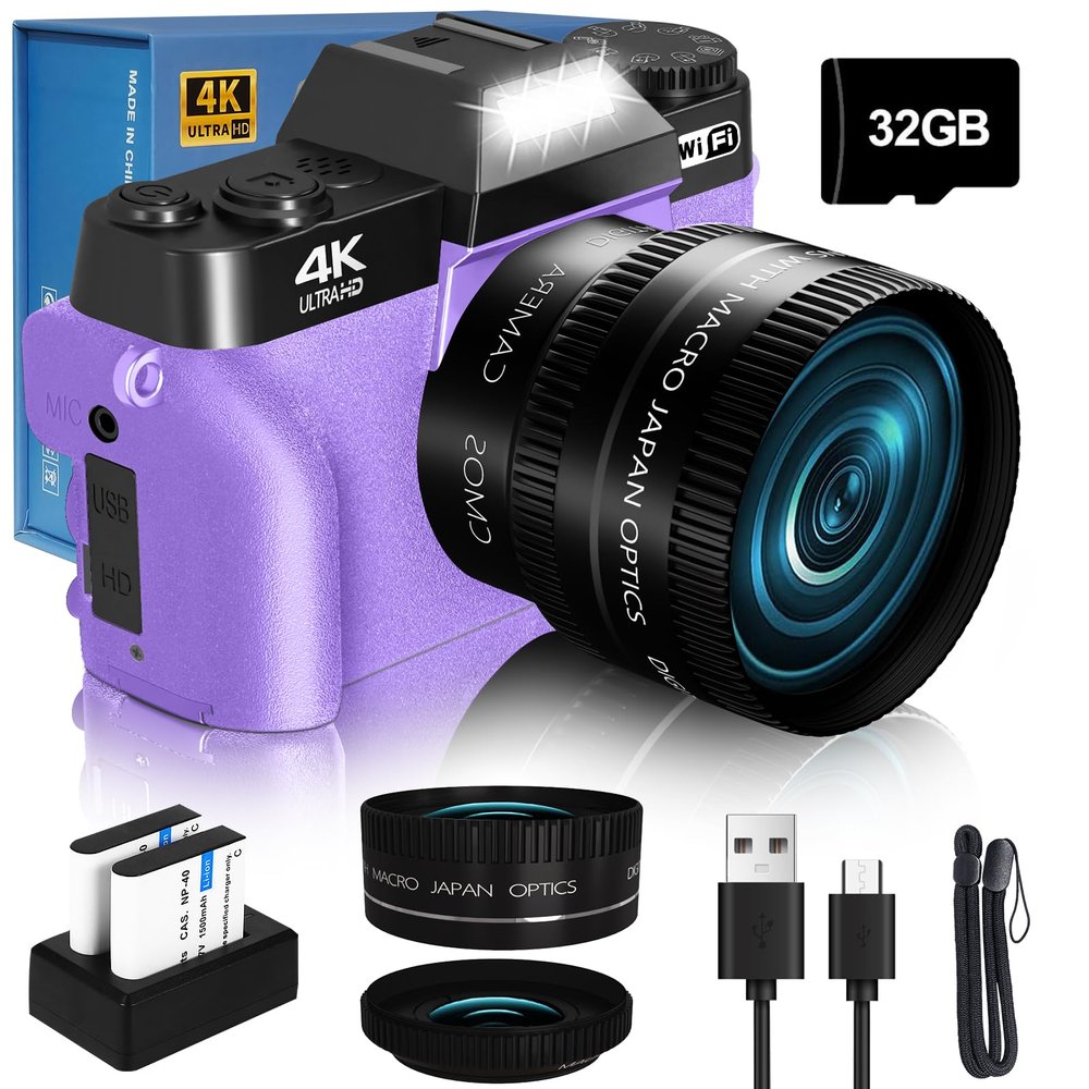 2024 Upgrade VJIANGER Digital Camera for Photography Vlogging Camera for YouTube with WiFi, 180 Flip Screen, 16X Digital Zoom, 52mm Lens, 2 Batteries, 32GB Micro SD Card(Purple)