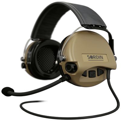 Sordin MIL CC Ear Muffs - 75332-05-S - Military Ear Defenders w/Radio Connection, Microphone & Leather Headband - Tan