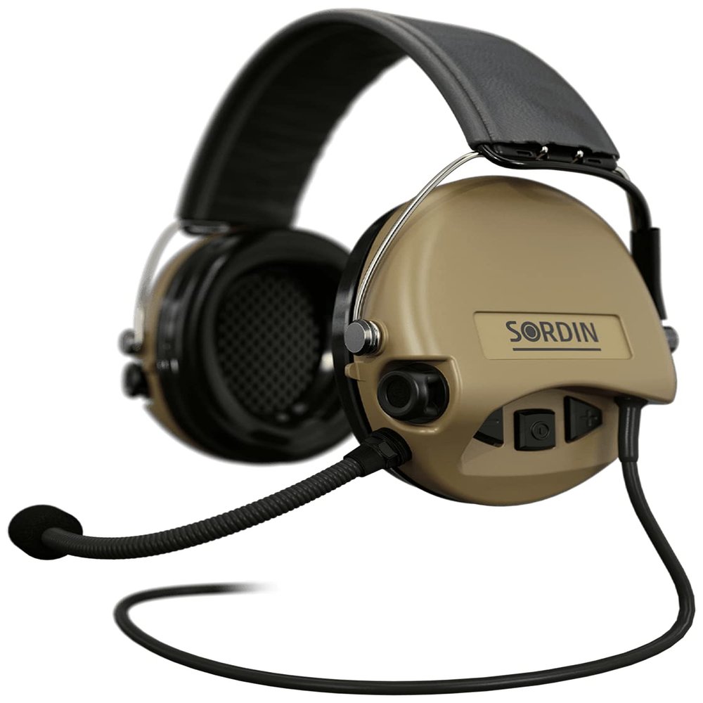 Sordin MIL CC Ear Muffs - 75332-05-S - Military Ear Defenders w/Radio Connection, Microphone & Leather Headband - Tan