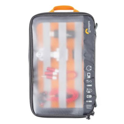Lowepro GearUp Pouch Large, Travel Essentials, Travel Case for PC Cables, Adapters, Batteries, Chargers, Small Cameras, USB Sticks and Laptop Accessories, Made of Recycled Fabric, Grey