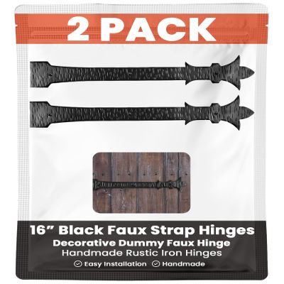 2 Pack 16" Black Faux Strap Hinges - Hand Forged Dummy Faux Hinge Handmade Rustic Iron Hinges for Farmhouse Shutter, Carriage Doors, Barn Door, Castle Door, and Gates The Byzantium Series