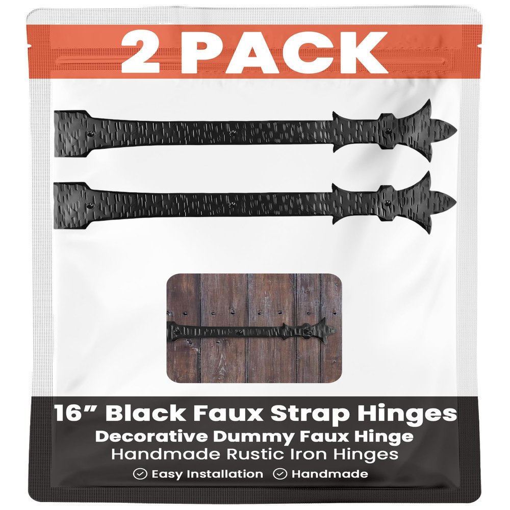 2 Pack 16" Black Faux Strap Hinges - Hand Forged Dummy Faux Hinge Handmade Rustic Iron Hinges for Farmhouse Shutter, Carriage Doors, Barn Door, Castle Door, and Gates The Byzantium Series