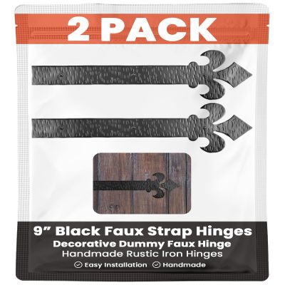 2 Pack 9" Black Faux Strap Hinges - Hand Forged Dummy Faux Hinge Handmade Rustic Iron Hinges for Farmhouse Shutter, Carriage Doors, Barn Door, Castle Door, and Gates The Fleur De Lis Series