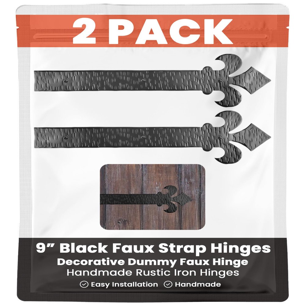 2 Pack 9" Black Faux Strap Hinges - Hand Forged Dummy Faux Hinge Handmade Rustic Iron Hinges for Farmhouse Shutter, Carriage Doors, Barn Door, Castle Door, and Gates The Fleur De Lis Series