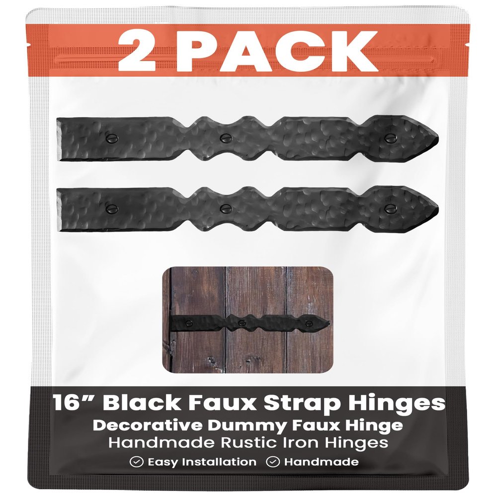 2 Pack 16" Black Faux Strap Hinges - Hand Forged Dummy Faux Hinge Handmade Rustic Iron Hinges for Farmhouse Shutter, Carriage Doors, Barn Door, Castle Door, and Gates The Nuevo Leon Series