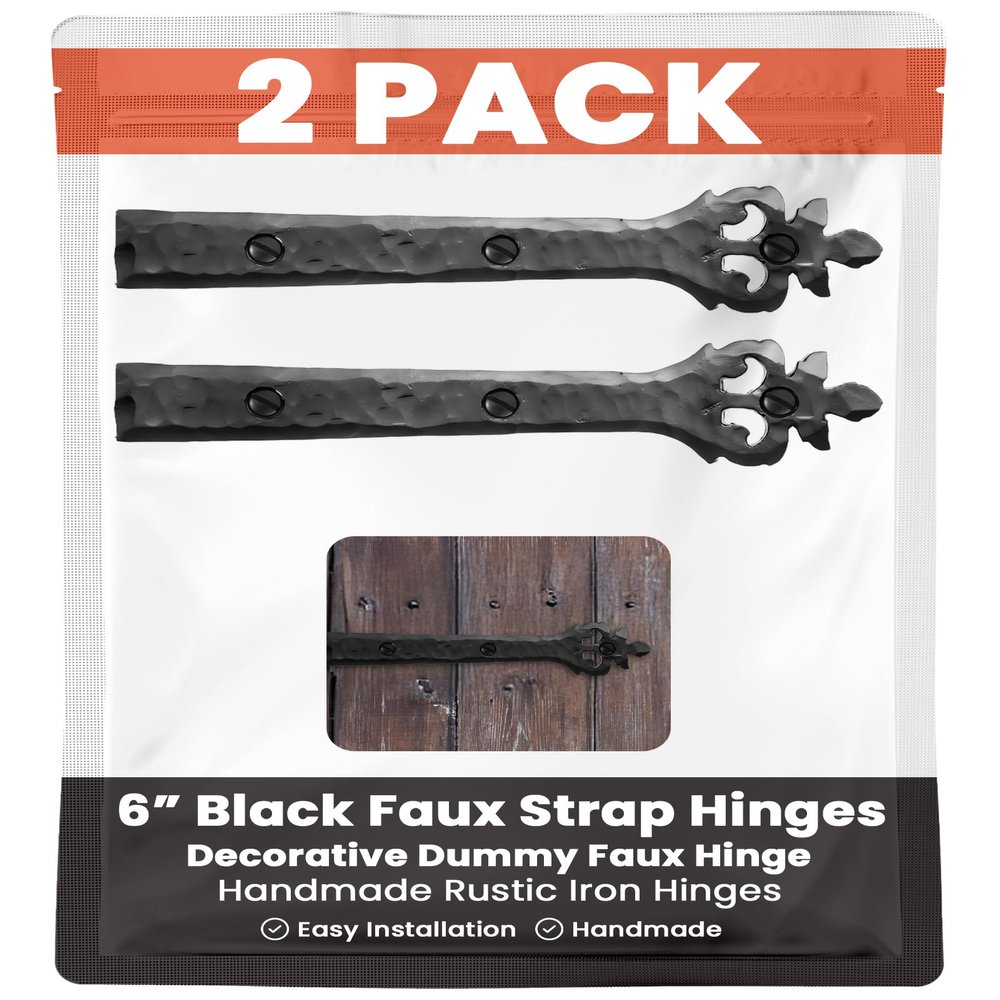 2 Pack 6" Black Faux Strap Hinges - Hand Forged Dummy Faux Hinge Handmade Rustic Iron Hinges for Farmhouse Shutter, Carriage Doors, Barn Door, Castle Door, and Gates The Tucson Series