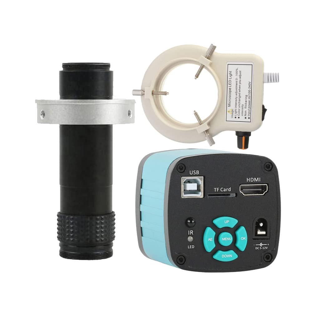 2K 4K 48MP HDMI USB TF Industrial Video Microscope Camera & 120X C-Mount Lens Whit 56-LED Adjustable Ring Light