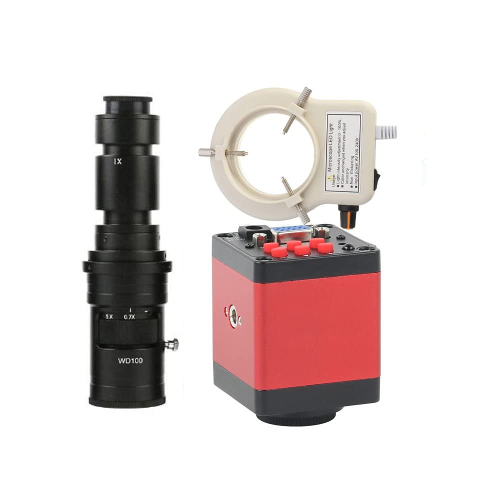 14MP VGA HDMI Lab Digital Industrial Soldering Repair Video Microscope Camera & 500X C-Mount Lens Whit 56-LED Adjustable Ring Light - Red