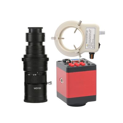 14MP VGA HDMI Lab Digital Industrial Soldering Repair Video Microscope Camera & 200X C-Mount Lens Whit 56-LED Adjustable Ring Light - Red