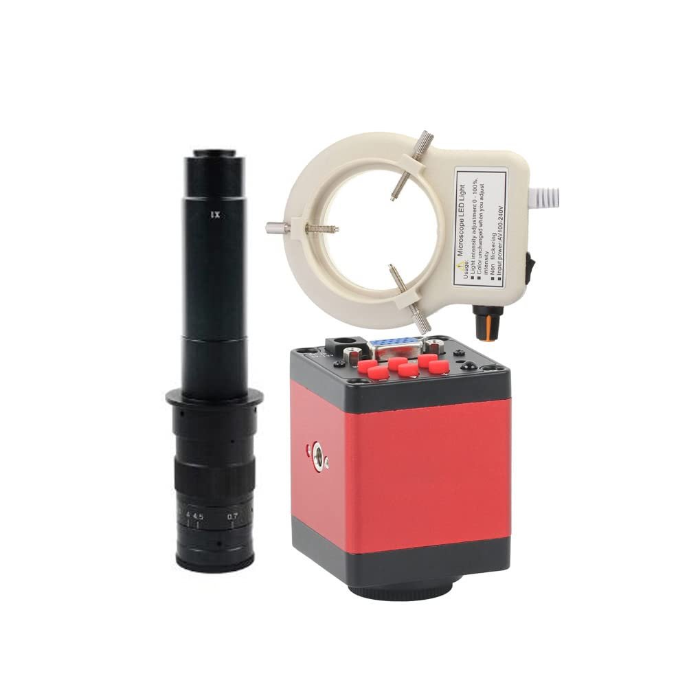 14MP VGA HDMI Lab Digital Industrial Soldering Repair Video Microscope Camera & 300X C-Mount Lens Whit 56-LED Adjustable Ring Light - Red