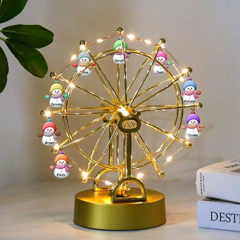 Certykllp Spinning Ferris Wheel with Personalized 1-12 Family Name Custom Metal Desktop Family Snowman Ferris Wheel with LED Light for Home Dcor Christmas Birthday Gifts (Snowman Ferris wheel)