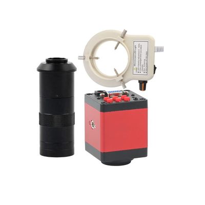 14MP VGA HDMI Lab Digital Industrial Soldering Repair Video Microscope Camera & 100X C-Mount Lens Whit 56-LED Adjustable Ring Light - Red