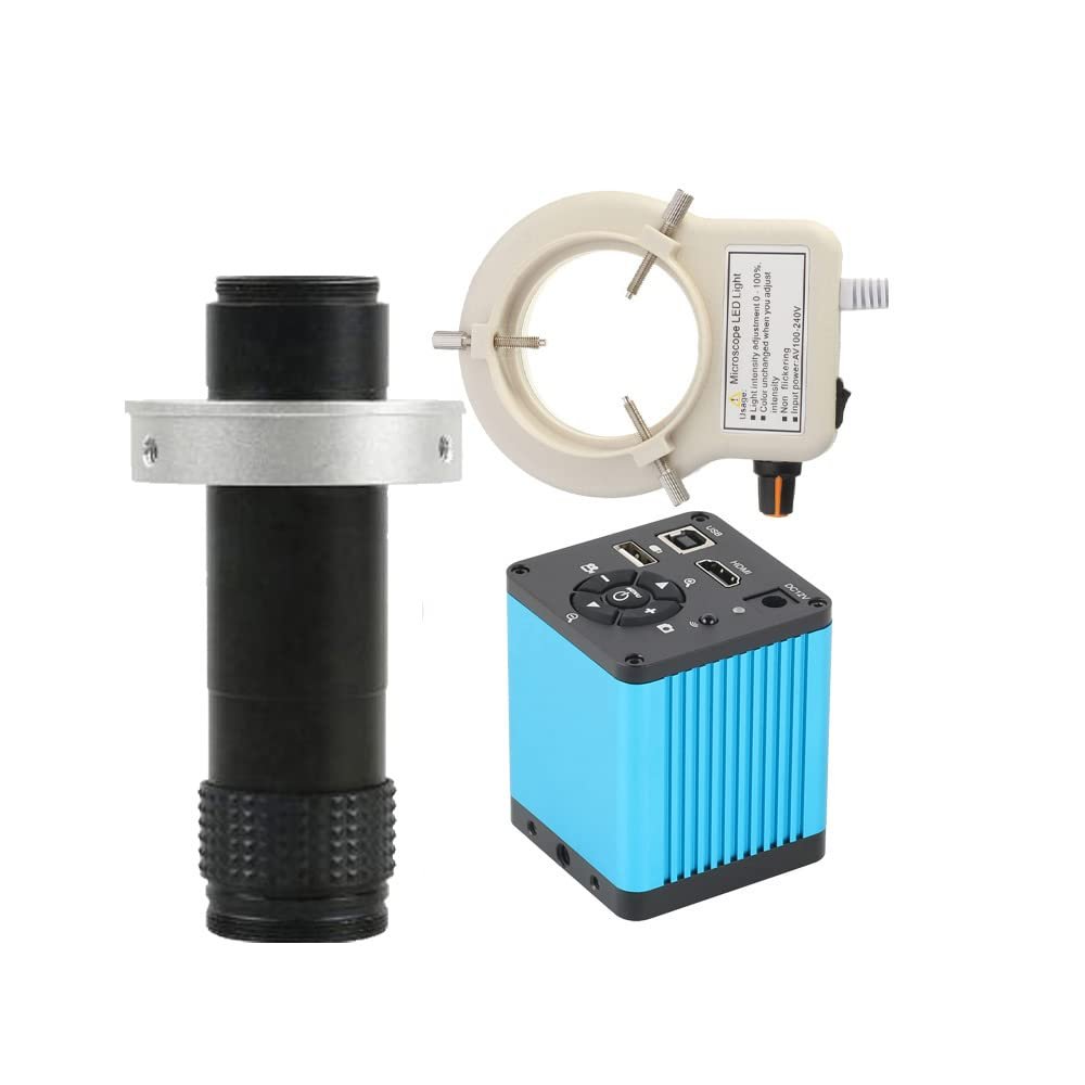 40MP 4K HDMI USB Digital Industrial Lab Video Microscope Camera & 120X C-Mount Lens Whit 56-LED Adjustable Ring Light