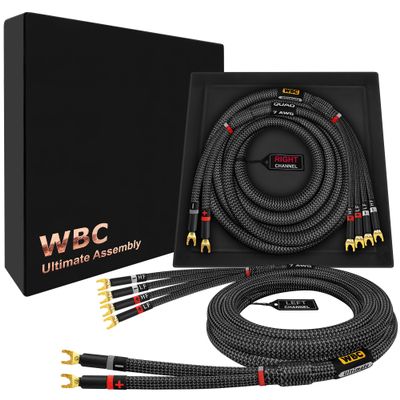 WORLDS BEST CABLES 8 Foot Ultimate - 7 AWG - Ultra-Pure OFC  Extra Premium Audiophile HiFi Bi-Wire Speaker Cable Pair with Eminence Gold Spade Plugs & Carbon Tweed Jacket