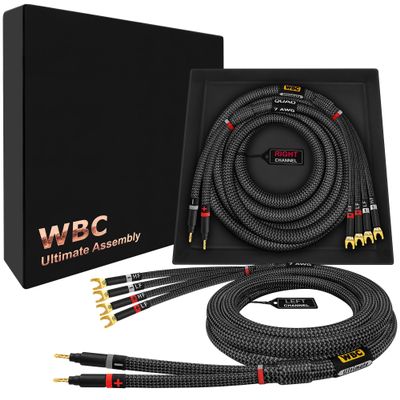 WORLDS BEST CABLES 6 Foot Ultimate - 7 AWG - Ultra-Pure OFC  Extra Premium Audiophile HiFi Bi-Wire Speaker Cable Pair with Eminence Gold Banana (x2) & Spade (x4) Plugs & Carbon Tweed Jacket