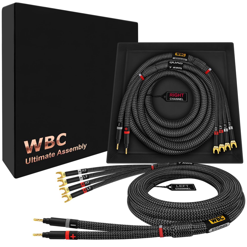 WORLDS BEST CABLES 6 Foot Ultimate - 7 AWG - Ultra-Pure OFC  Extra Premium Audiophile HiFi Bi-Wire Speaker Cable Pair with Eminence Gold Banana (x2) & Spade (x4) Plugs & Carbon Tweed Jacket