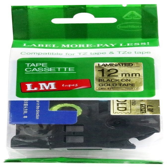LM Tapes - Premium 1/2" (12mm) Black on Reflective Gold Compatible TZe P-Touch Tape for use with Brother PT-D410BT, PTD410BT, PT-D410BTVP, PTD410BTVP Label Maker Includes Tape Size/Color Guide.