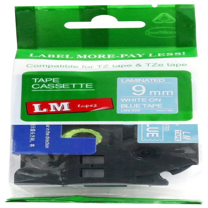 LM Tapes - Premium 3/8" (9mm) White on Blue Compatible TZe P-Touch Tape for use with Brother PT-D460BT, PTD460BT, PT-D460BTVP, PTD460BTVP Label Maker Includes Tape Size/Color Guide.