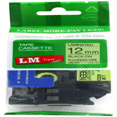 LM Tapes - Premium 1/2" (12mm) Black on Fluorescent Green Compatible TZe P-Touch Tape for use with Brother PT-D410BT, PTD410BT, PT-D410BTVP, PTD410BTVP Label Maker Includes Tape Size/Color Guide.