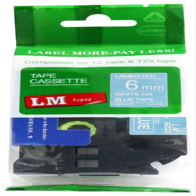 LM Tapes - Premium 1/4" (6mm) White on Blue Compatible TZe P-Touch Tape for use with Brother PT-D610BT, PTD610BT, PT-D610, PTD610VP Label Maker Includes Tape Size/Color Guide.
