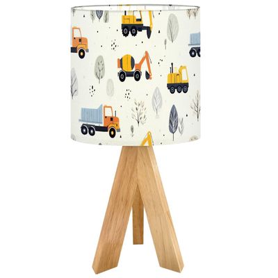 OEPWQIWEPZ Tripod Bedside Desk Table Lamp Cute Children Seamless Construction Machinery Cartoon Hand Wood Nightstand Lamp with Linen Fabric Shade for Nursery Bedroom Living Room Kids Room
