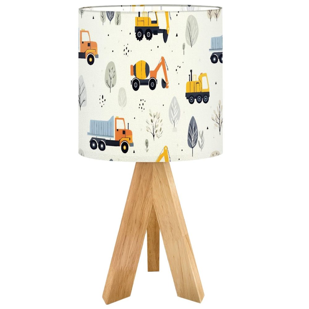 OEPWQIWEPZ Tripod Bedside Desk Table Lamp Cute Children Seamless Construction Machinery Cartoon Hand Wood Nightstand Lamp with Linen Fabric Shade for Nursery Bedroom Living Room Kids Room